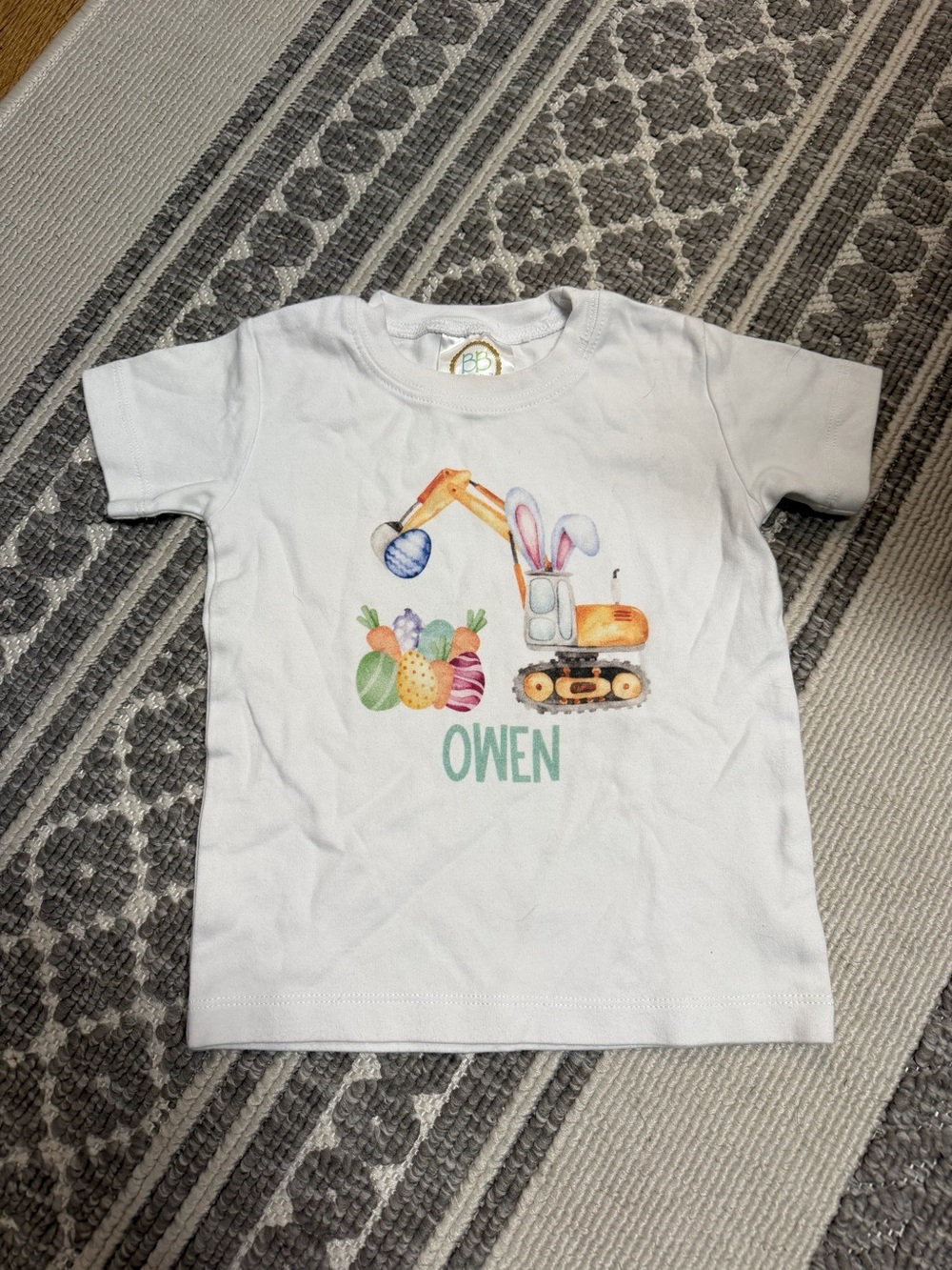 White Kids Short Sleeve Tee with Easter Excavator Graphic - Owen